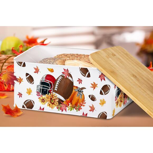 Fall Football Bread/Snack Tin With Cutting Board Lid Thanksgiving Bread Box - Picture 9 of 15